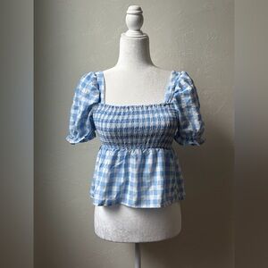 Dizzy Lizzy Blue Gingham Smocked Peplum Puff Sleeve Top Cottagecore XS